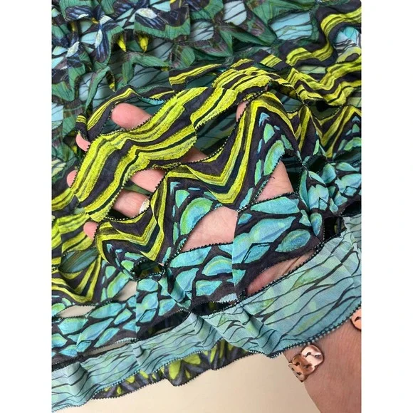 Diane von Furstenberg Gunita Mini Skirt Green Blue Open Work Wave Print SZ 4 - Picture 7 of 14